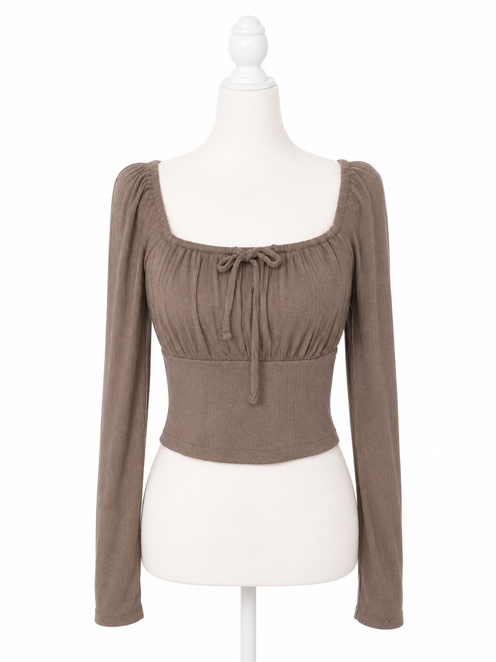 Madewell Ribbed Long Sleeve Crop Top Brown Tie Front Square Neck Size M